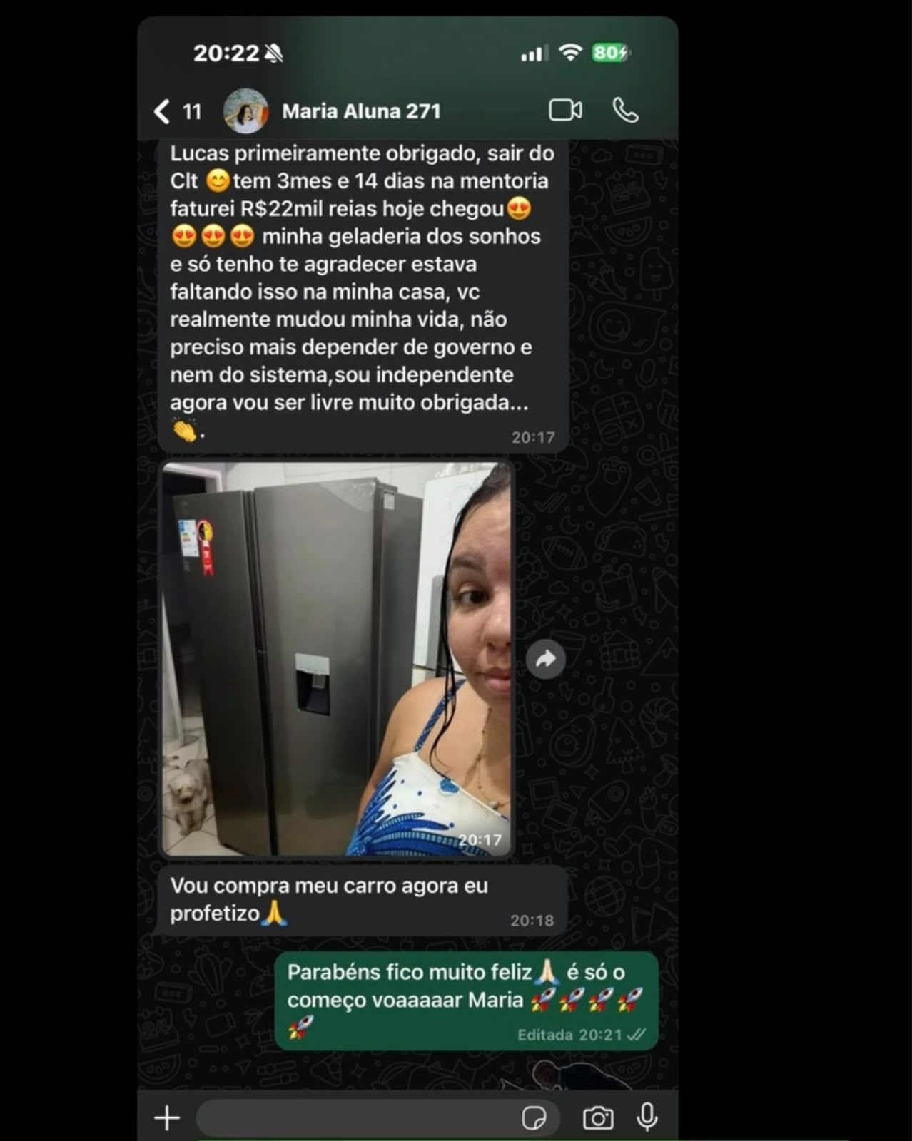 Print de aluna que faturou R$ 22 mil na mentoria